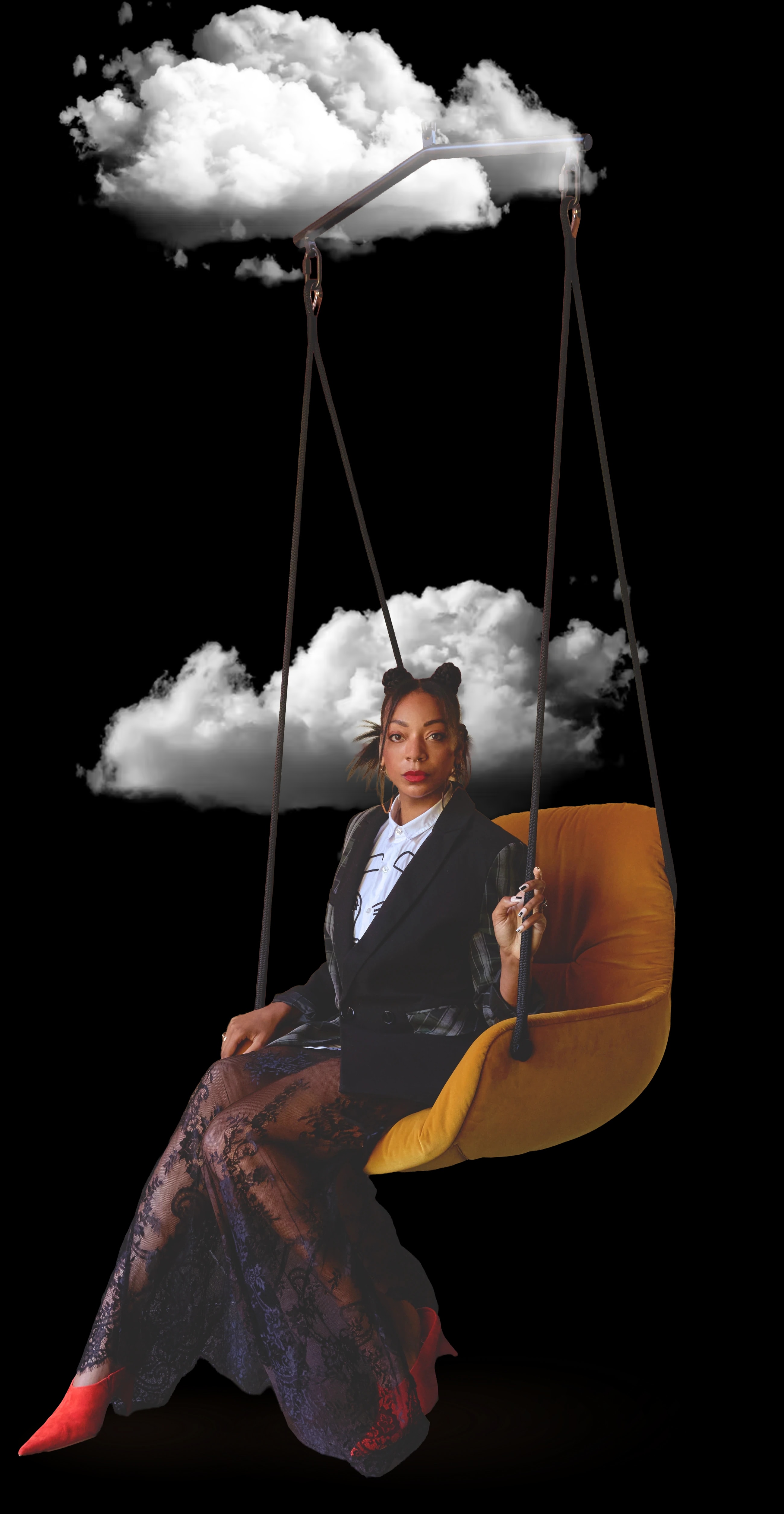 Carmen René Smith seated on a hanging chair
