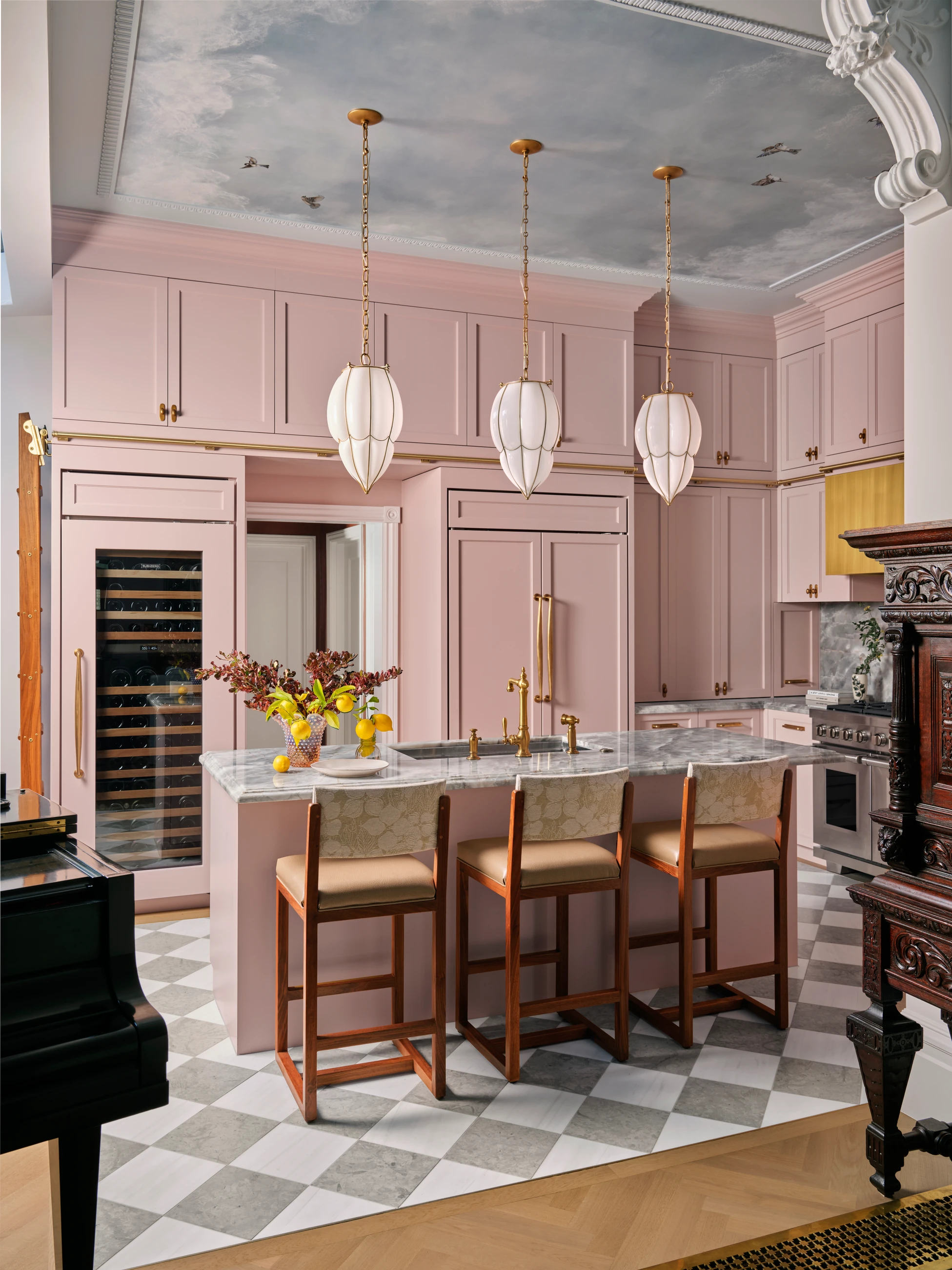 Blush kitchen beneath a hand-painted sky ceiling, Rosy Manor
